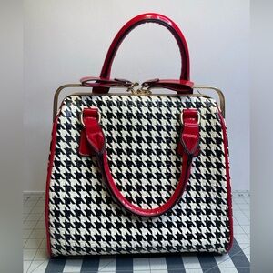 Mezon Houndstooth Metal Framed Sliding-Lock Satchel Purse Old Money